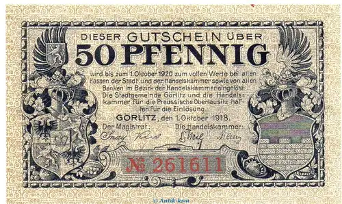 Notgeld Handelskammer Görlitz 2310.15.15 , 50 Pfennig Schein in kfr. von 1918 , Schlesien Verkehrsausgabe