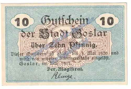 Goslar , Notgeld 10 Pfennig Schein in kfr. Tieste 2375.05.01 , Niedersachsen 1917 Verkehrsausgabe
