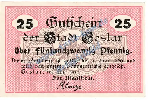 Goslar , Notgeld 25 Pfennig Schein in kfr. Tieste 2375.05.02 , Niedersachsen 1917 Verkehrsausgabe