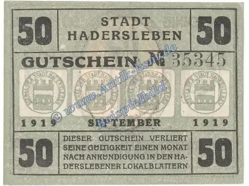 Hadersleben , Notgeld 50 Pfennig Schein in kfr. Tieste 2695.10.20 , Nordschleswig 1919 Verkehrsausgabe
