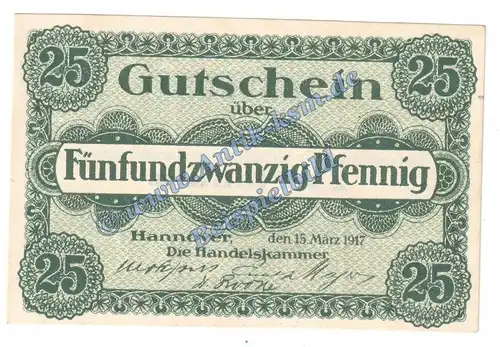 Hannover , Notgeld 25 Pfennig Schein in kfr. Tieste 2795.30.01 , Niedersachsen 1917 Verkehrsausgabe