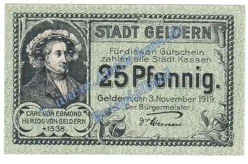 Geldern , Notgeld 25 Pfennig Schein in kfr. Tieste 2145.05.05 , Rheinland 1919 Verkehrsausgabe