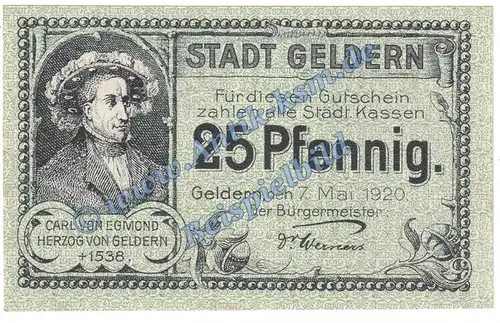 Geldern , Notgeld 25 Pfennig Schein in kfr. Tieste 2145.05.10-15 , Rheinland 1920 Verkehrsausgabe