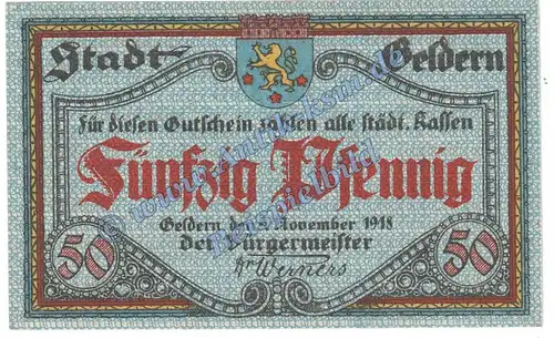 Geldern , Notgeld 50 Pfennig Schein in kfr. Tieste 2145.05.01 , Rheinland 1918 Verkehrsausgabe