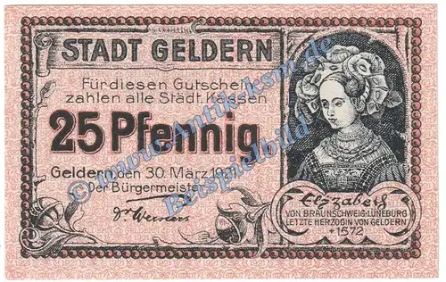 Geldern , Notgeld 25 Pfennig Schein in kfr. Tieste 2145.05.20 , Rheinland 1921 Verkehrsausgabe