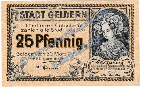 Geldern , Notgeld 25 Pfennig Schein in kfr. Tieste 2145.05.25 , Rheinland 1921 Verkehrsausgabe