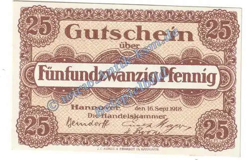 Hannover , Notgeld 25 Pfennig Schein in kfr. Tieste 2795.30.10 , Niedersachsen 1918 Verkehrsausgabe