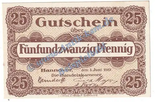 Hannover , Notgeld 25 Pfennig Schein in kfr. Tieste 2795.30.15 , Niedersachsen 1919 Verkehrsausgabe