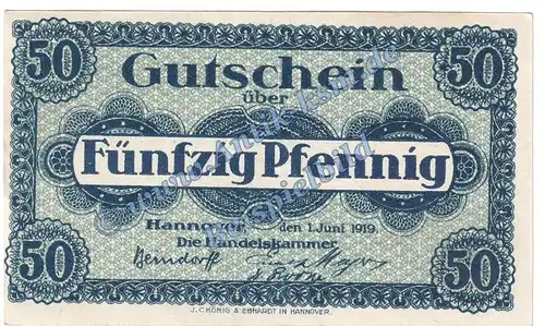 Hannover , Notgeld 50 Pfennig Schein in kfr. Tieste 2795.30.16 , Niedersachsen 1919 Verkehrsausgabe