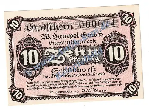 Schildhorst , Notgeld 10 Pfennig Schein in kfr. Tieste 6505.05.01 , Niedersachsen 1920 Verkehrsausgabe