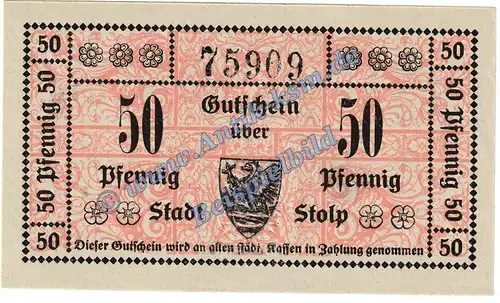 Stolp , Notgeld 50 Pfennig -2.Aufl- in kfr. Tieste 7160.05.15-20 , Pommern 1918 Verkehrsausgabe