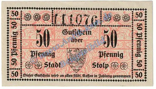 Stolp , Notgeld 50 Pfennig -3.Aufl- in kfr. Tieste 7160.05.25-30 , Pommern 1918 Verkehrsausgabe