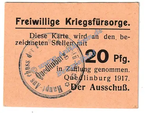 Quedlinburg , Kriegsfürsorge Notgeld 20 Pfennig in kfr. Tieste 5835.05.26 , Sachsen 1917 Verkehrsausgabe