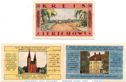 Notgeld Kreis Jerichow , Set mit 3 kassenfrischen Scheinen , 658.1 , von 1921 , Sachsen Anhalt Seriennotgeld