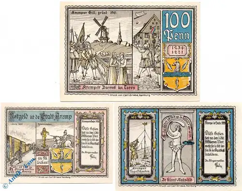 Notgeld Krempe , Set mit 3 Scheinen , Mehl Grabowski 742.1 a , von 1920 , Schleswig Holstein Serien Notgeld