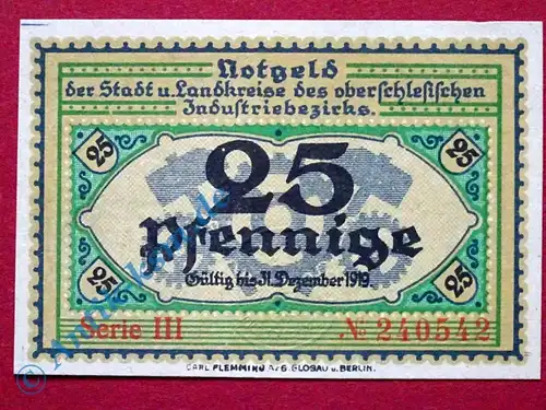Notgeld Beuthen , Einzelschein über 25 Pfennig , Tieste 0580.10 , Ober Schlesien Verkehrsausgabe