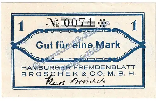 Hamburg , Fremdenblatt Broschek Notgeld 1 Mark in kfr. M-G 530.1 , Hamburg o.D. Seriennotgeld