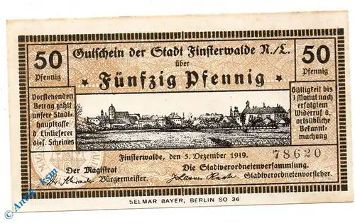 Notgeld Finsterwalde , 50 Pfennig Schein , druck schwarz , Tieste 1870.05.03 , von 1919 , Brandenburg Verkehrsausgabe