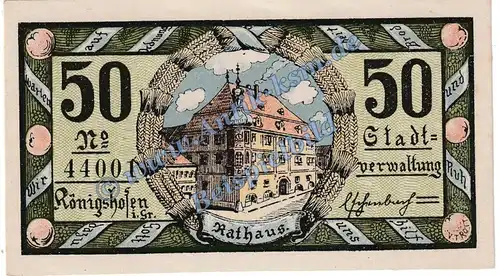 Königshofen , Notgeld 50 Pfennig Schein in kfr. Tieste 3610.05.01 , Bayern 1919 Verkehrsausgabe