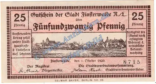 Finsterwalde , Notgeld 25 Pfennig Schein in kfr. Tieste 1870.05.15 , Brandenburg 1920 Verkehrsausgabe