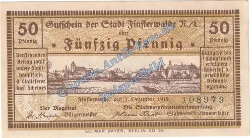 Finsterwalde , Notgeld 50 Pfennig Schein in kfr. Tieste 1870.05.07 , Brandenburg 1919 Verkehrsausgabe