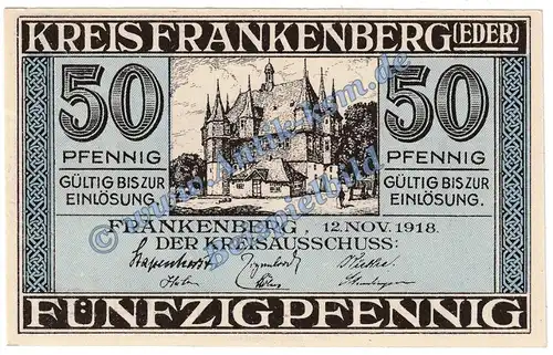 Frankenberg , Notgeld 50 Pfennig Schein in kfr. Tieste 1910.05.05 , Hessen 1918 Verkehrsausgabe