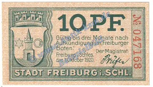Freiburg , Notgeld 10 Pfennig Schein in kfr. Tieste 1965.05.15 , Schlesien 1920 Verkehrsausgabe