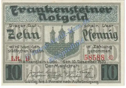 Frankenstein , Notgeld 10 Pfennig Schein in kfr. Tieste 1925.05.05 , Schlesien 1920 Verkehrsausgabe