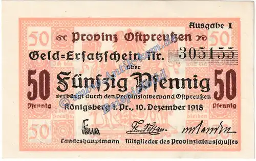 Königsberg , Notgeld 50 Pfennig Schein in kfr. Tieste 3595.20.05 , Ostpreussen 1918 Verkehrsausgabe