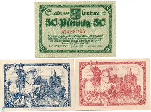 Notgeld Limburg , Set mit 3 Scheinen  , Tieste 4100.05.10 bis 12 , von 1918 , Hessen Verkehrsausgabe