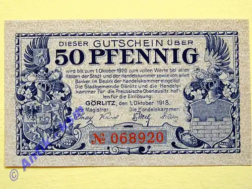 Görlitz , Notgeld 50 Pfennig Schein in kfr. Tieste 2310.15.11 , Schlesien 1918 Verkehrsausgabe