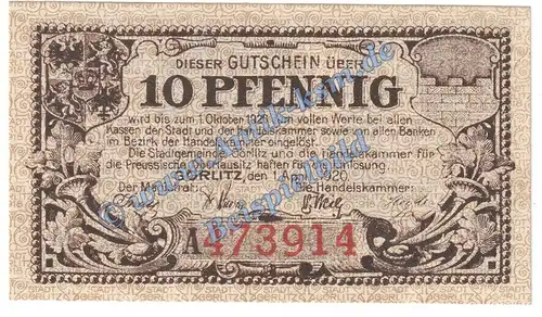 Görlitz , Notgeld 10 Pfennig Schein in kfr. Tieste 2310.15.30 , Schlesien 1920 Verkehrsausgabe