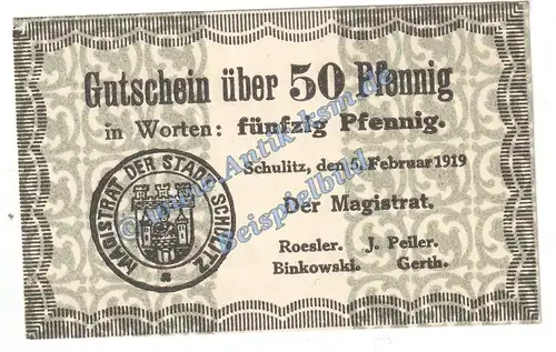 Schulitz , Notgeld 50 Pfennig Schein in kfr. Tieste 6710.05.11 , Posen 1919 Verkehrsausgabe