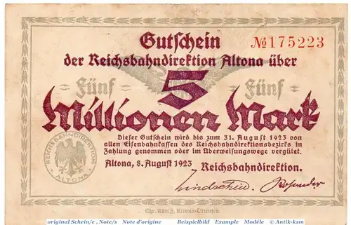 Banknote Altona , Reichsbahn , 5 Millionen Mark Schein in gbr. Keller 80.f , 08.08.1923 , Schleswig Holstein Inflation