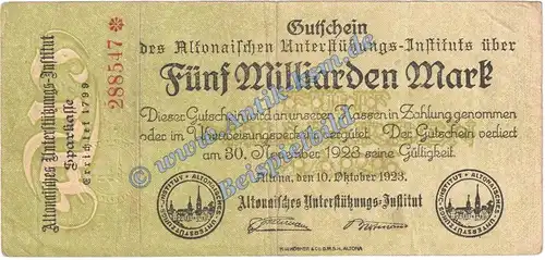 Altona , Banknote 5 Milliarden Mark Schein in gbr. Keller 81.e , Schleswig Holstein 1923 Grossnotgeld Inflation