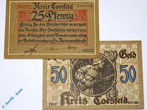 Notgeld Coesfeld , Set mit 2 Scheinen braun , Tieste 1185.05.10 und 11 , Westfalen Verkehrsausgabe