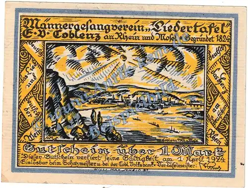 Coblenz , Notgeld -Liedertafel- 1 Mark in kfr. M-G 232.1 , Rheinland o.D. Seriennotgeld 5173