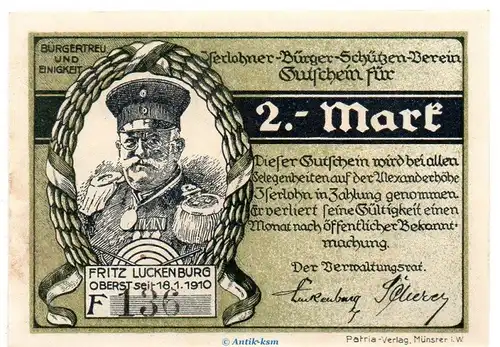 Notgeld Bürger Schützen Verein Iserlohn 646.1 , 2 Mark Schein in f-kfr. o.D. Westfalen Seriennotgeld