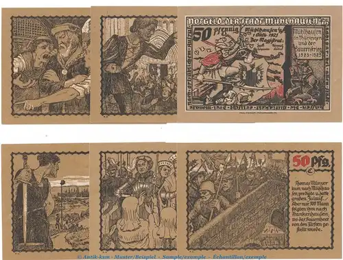 Notgeld Stadt Mühlhausen 905.3 , Bauernkrieg Set mit 6 Scheinen in kfr. von 1921 , Thüringen Seriennotgeld