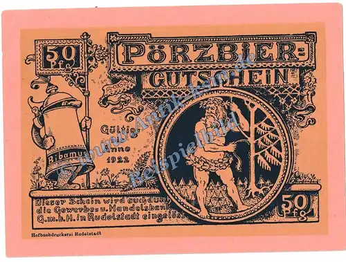 Rudolstadt , Pörzbier Notgeld 50 Pfennig in kfr. M-G 1144.1 , Thüringen o.D. Seriennotgeld