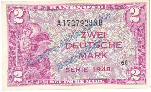 Banknote , 2 Mark Schein in kfr. WBZ-3, Ros.234, P.3a von 1948 , Bank deutscher Länder , Kopfgeld