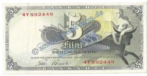 Banknote , 5 Mark Schein in L-gbr. BRD-1, Ros.252, P.13 von 1948 , Bank deutscher Länder , Kopfgeld