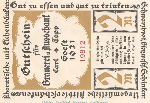 Notgeld Brauerei Carl Topp 820.1.f , 2 Mark Schein in kfr. von 1920 , Westfalen Seriennotgeld