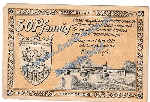Sinzig , Notgeld 50 Pfennig Schein in L-gbr. M-G 1229.1 , Rheinland 1921 Seriennotgeld