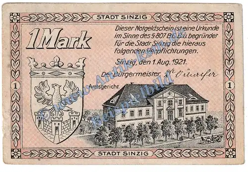 Sinzig , Notgeld 1 Mark Schein in L-gbr. M-G 1229.1 , Rheinland 1921 Seriennotgeld