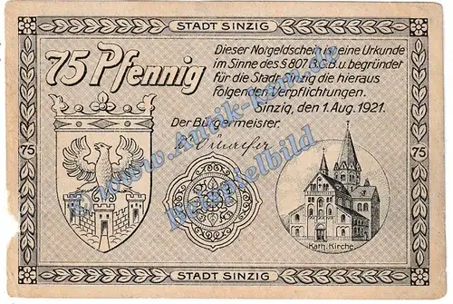 Sinzig , Notgeld 75 Pfennig Schein in gbr. M-G 1229.1 , Rheinland 1921 Seriennotgeld