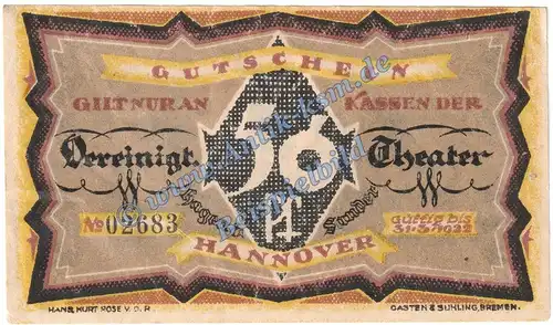 Hannover , Notgeld 50 Pfennig -Theater Hagen und Sanders- in kfr. M-G 576.1 , Niedersachsen o.D. Seriennotgeld