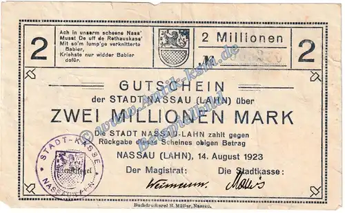 Nassau-Lahn , Banknote 2 Millionen Mark Schein in gbr. Keller 3725.e , Hessen 1923 Grossnotgeld - Inflation