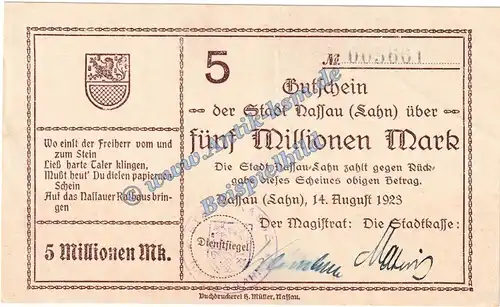 Nassau-Lahn , Banknote 5 Millionen Mark Schein in L-gbr. Keller 3725.c , Hessen 1923 Grossnotgeld - Inflation