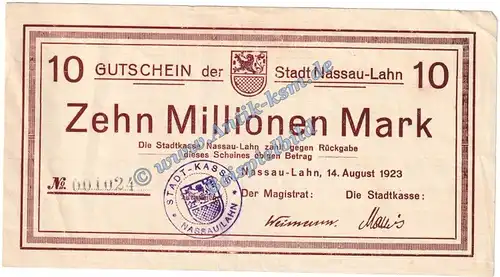 Nassau-Lahn , Banknote 10 Millionen Mark Schein in gbr. Keller 3725.e , Hessen 1923 Grossnotgeld - Inflation